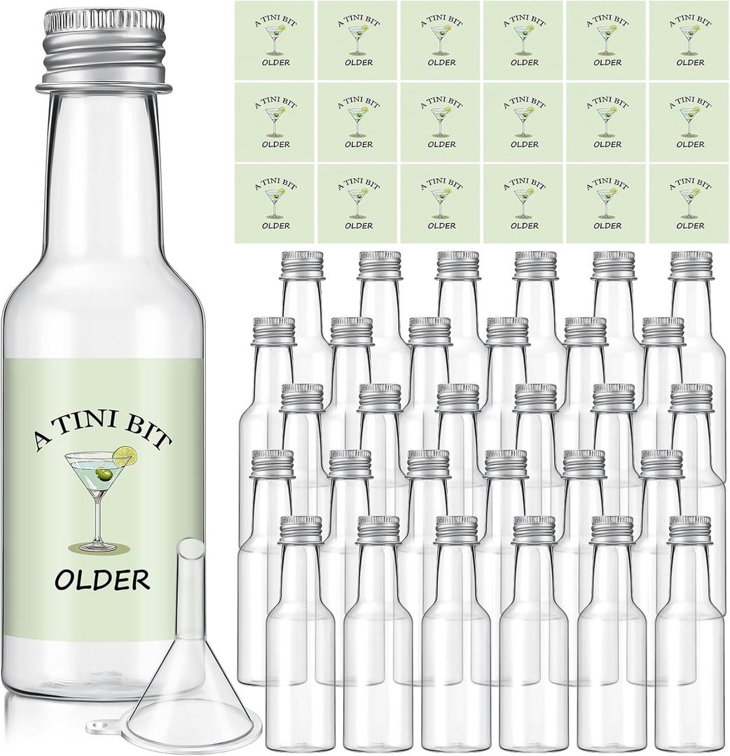 30 Pack 1.7oz a Tini Bit Older Mini Liquor Plastic Alcohol Bottles with Caps and Labels Birthday Party Decoration Small Plastic Bottle with 5 Funnels for Birthday Celebration Party Favor