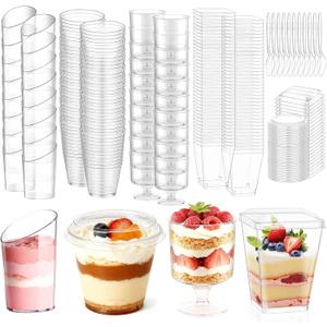 mwellewm 400 Pcs Dessert Cups with Lids and Spoons, 5 OZ Parfait Cups 3 OZ Plastic Desert Cups Clear Mini Shooter Cups for Party Reusable Small Appetizer Serving Fruit Cup Ice Cream Cake Pudding