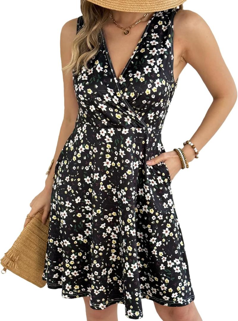 Casual Sleeveless Summer Dresses for Women, Black Floral, Large | Floral Sundress, Wrap V-Neck, Elastic Waist with Pockets, Fit and Flare A-Line Design for Vacation, Beach, Casual Wear (L)
