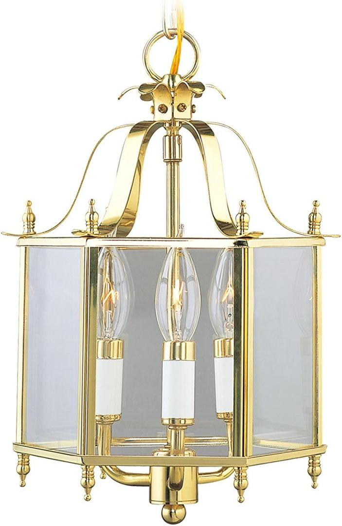 Livex Lighting 4403-02 Home Basics 3 Light Polished Brass Hanging Lantern or Flush Mount Chandelier with Clear Beveled Glass