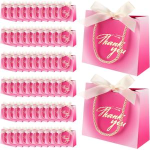 Colarr 60 Pcs Small Thank You Gift Bags Mini Party Favor Candy Bags with Handles and Bow Ribbon for Wedding Birthday Baby Shower Guest Valentines Day Party Supplies(Rose Red)