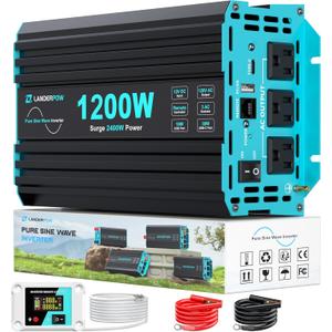 1200 Watt Pure Sine Wave Inverter, Power Inverter for Car, Camping, Solar, RV, Truck, Home, 12V DC to 120V AC Inverters with 3 AC Outlet, 30W USB-C, 5V 3.1A USB, Remote Control, Surge 2400W