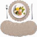 Set of 6 Linen Cotton Placemats 15 Inch White Edges Round Scalloped Embroidery Placemats Washable Double Layered Rustic Table Mat Fabric Napkins for Wedding Table Decor