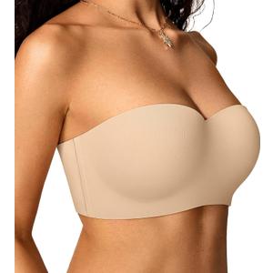 OEAK Womens Strapless Bras with Wireless/Underwire Multiway Non-Slip Tube Top Push Up Bralette Seamless Padded Bandeau Bra (Beige, 38D, L)
