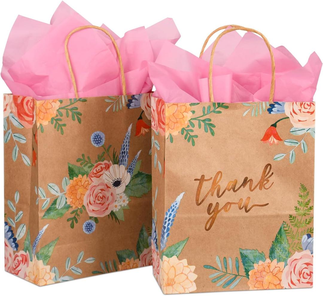 DjinnGlory 25 Pack 10x8x4 Inch Medium Wedding Gift Bags with Pink Tissue Paper, Brown Kraft Floral Paper Bags with Handles, Vintage Floral Thank You Bags for Party Favors, Mother's Day