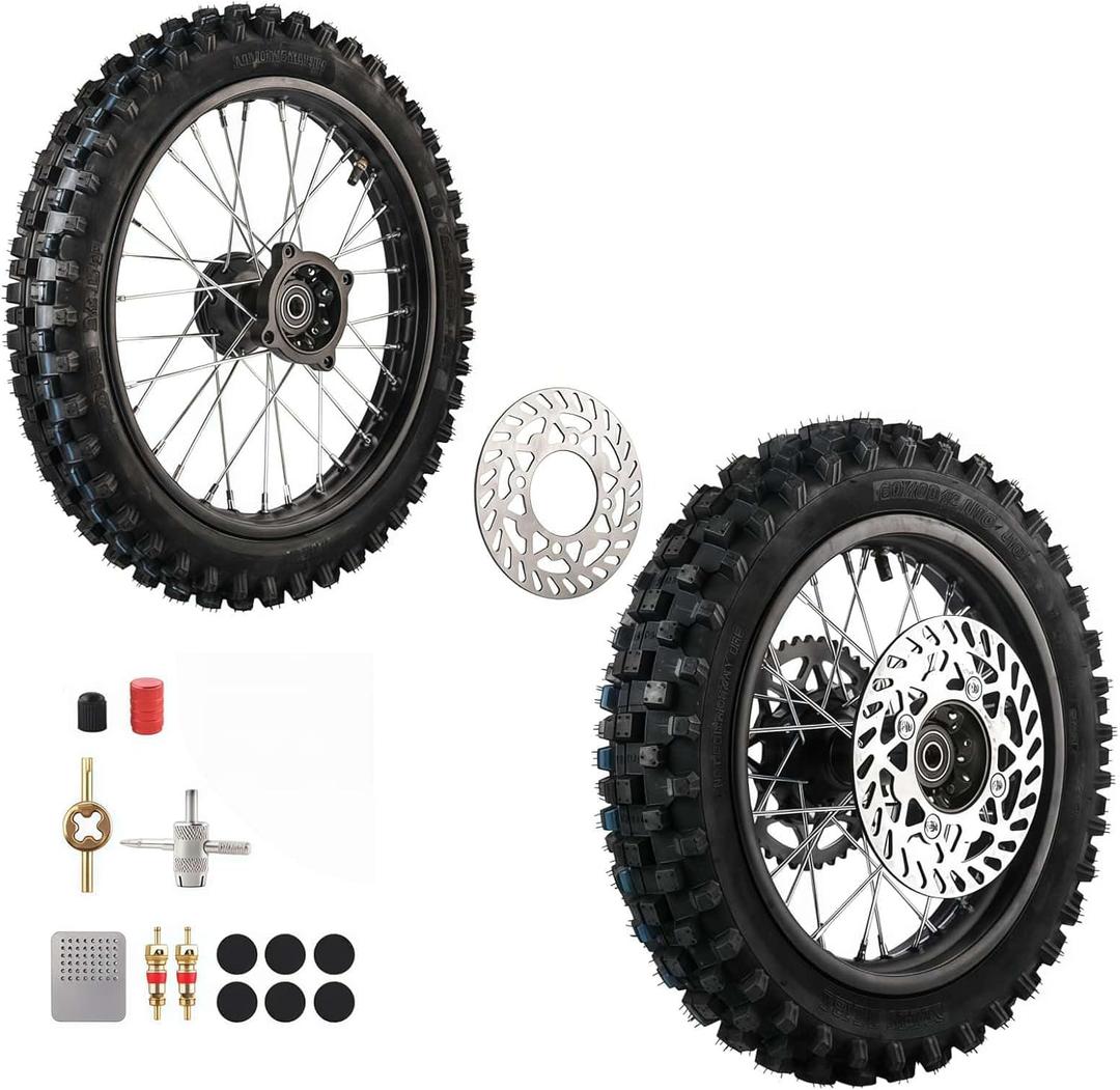 Rear Wheel Tire 80/100-12 Front Tire 60/100-14 Inner Tube wheel rim with 12mm Bearing Chain Sprockets 190mm Brake Disc Rotor For Dirt Pit Bike Apollo SSR CRF 50cc 70 110cc 140cc (12mm Bearing Bore)