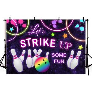 MEHOFOTO Bowling Birthday Photography Studio Backgrounds Let's Strike Up Some Fun Bowling Party Decorations Rainbow Neon Glow Girls Birthday Banner Photo Backdrops 7x5ft