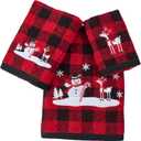Marina Decoration Christmas Premium Luxury Decor Ultra Soft 100% Cotton Embroidered Bathroom Modern 3 Piece Towel Set, Red Black Plaid Snowman and Deer Pattern