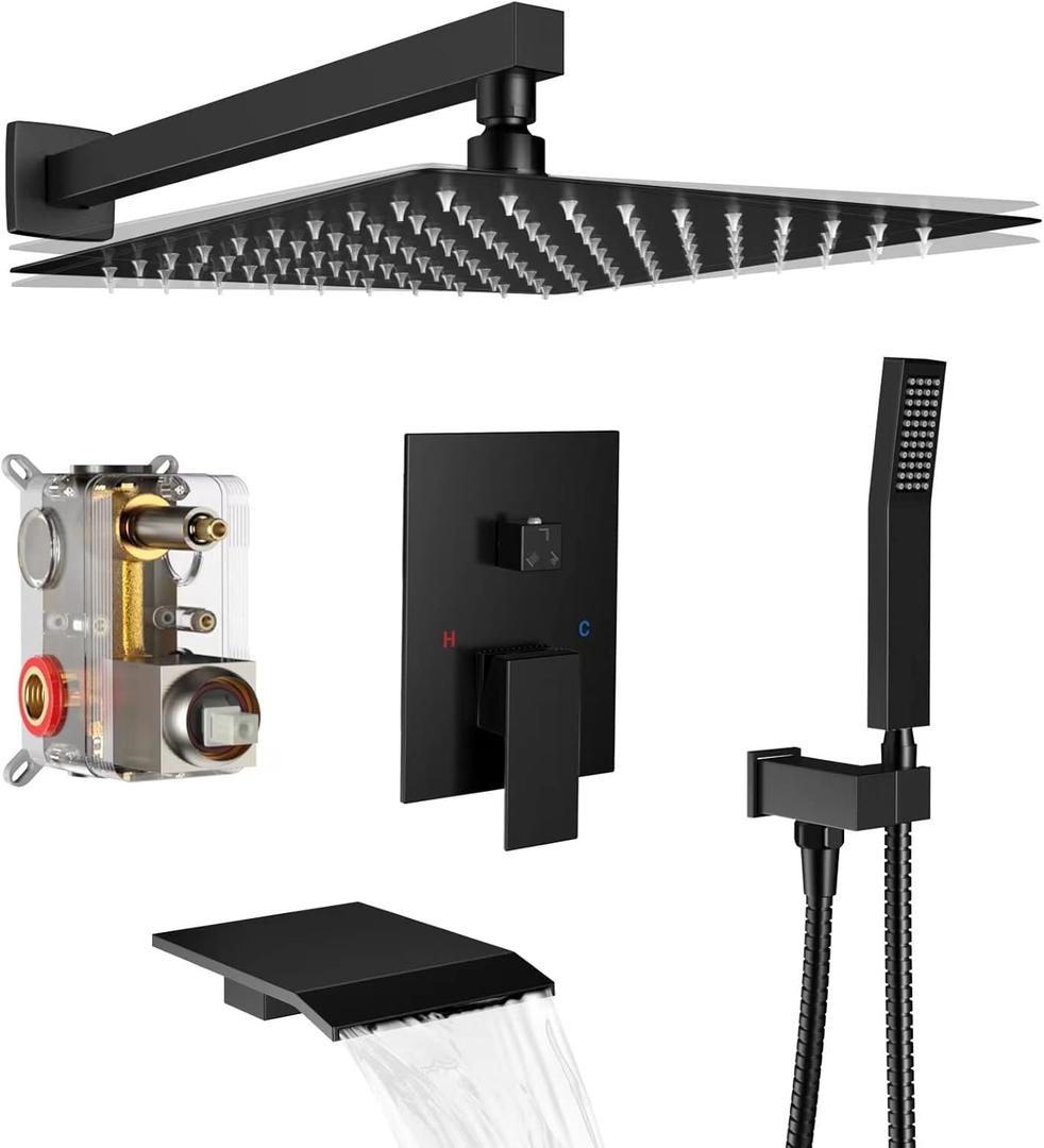 Rain Shower System 12 inch Shower Faucet Set with Tub Spout,Bathroom Wall Mounted Waterfall Shower Head Faucet Sets Complete with Handheld Spray,Rough-in Valve Body and Trim kit,Matte Black Rain Shower System 12 inch Shower Faucet Set with Tub Spout,Bathroom Wall Mounted Waterfall Shower Head Faucet Sets Complete with Handheld Spray,Rough-in Valve Body and Trim kit,Matte Black