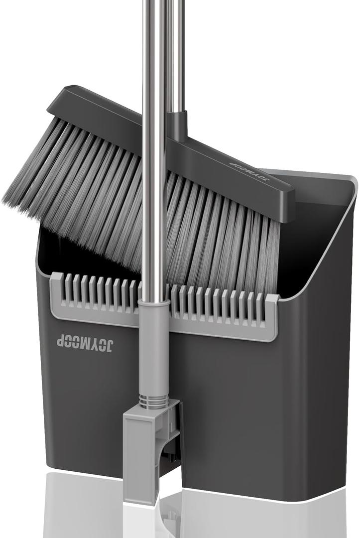 JOYMOOP Black Broom and Dustpan Set, Upright Angle Design with Built-in Comb Teeth for Home, Office, Hardwood Floors, Pet Hair