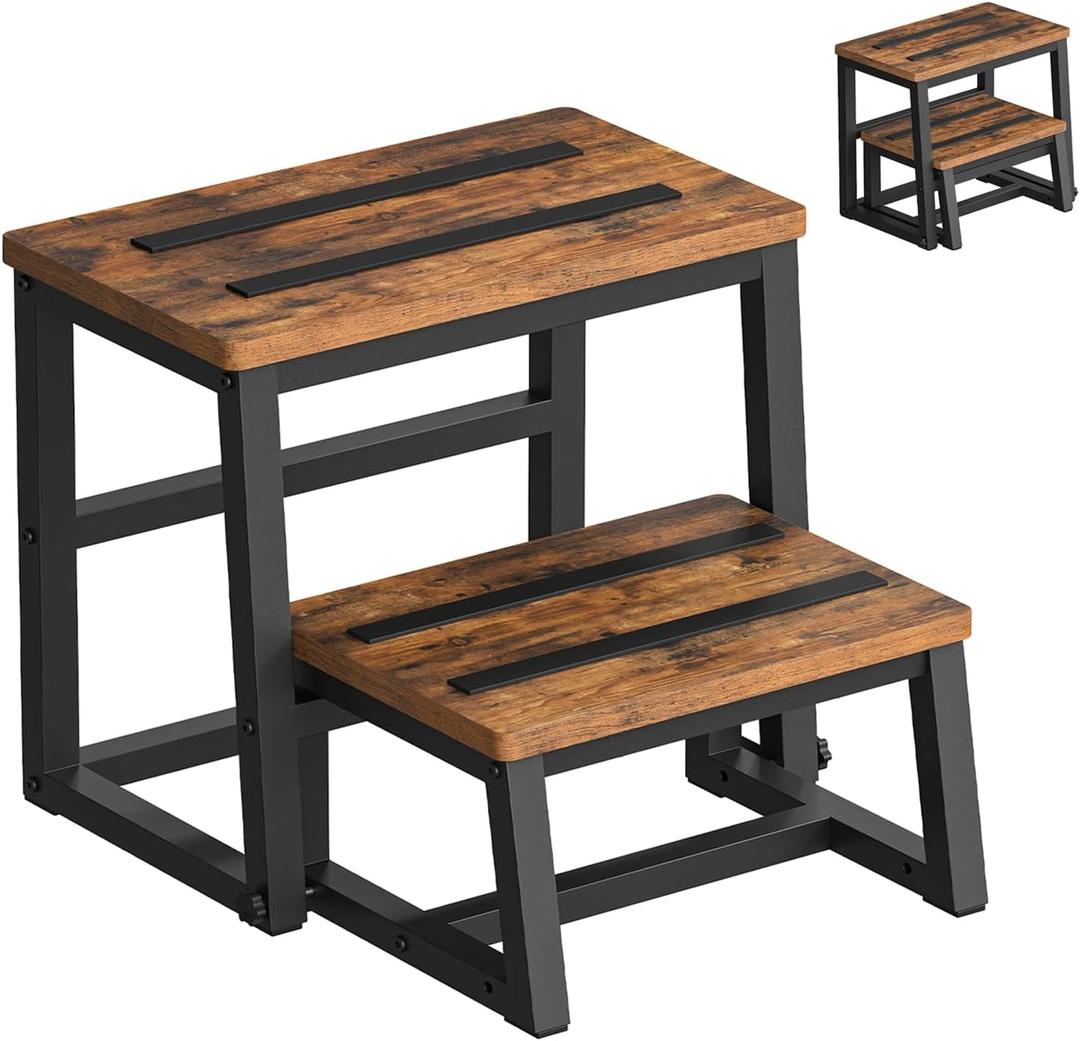 HOOBRO Step Stools for Kids, 3-in-1 Heavy Duty Sturdy Wooden Two Step stools, Metal Frame with Non-Slip Pads for Kitchen/Bathroom/High Beds, Rustic Brown and Black BF26JD01