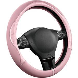 PIC AUTO Steering Wheel Cover, Pink Patterned Leather Patchwork Design, Universal Fit 14.5"15.5", Anti-Slip, Odor-Free, Soft PU Grain Leather, Durable Grip Car Accessory for Girls & Women