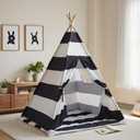 xiaowantong Teepee Tent for Kids with Padded Mat, Lights, and Carry Bag, Washable Playhouse for Indoor Use, Ideal Play Tent for Girls and Boys, Stripe Black