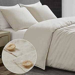 DAPU Linen Duvet Cover Queen, Washed Lightweight Bedding Set with Buttons Closures, 3 PCs Hypoallergenic Soft Linen Cotton Blend Duvet Cover Set with 8 Corner Ties (Beige, Queen/ Full)