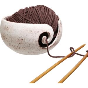 MyGift Cream Ceramic Tangle-Free Yarn Ball Bowl, Rustic Handcrafted Knitting Crochet Bowl with Cut Out Swirl