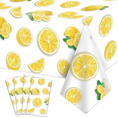 PTECDROTS 3Pcs Lemon Party Tablecloths, Yellow Tablecloth Plastic, Rectangular Lemonade Stand Supplies for Kids Birthday Baby Shower Summer Fruit Lemon Decorations, 86 x 51 Inch
