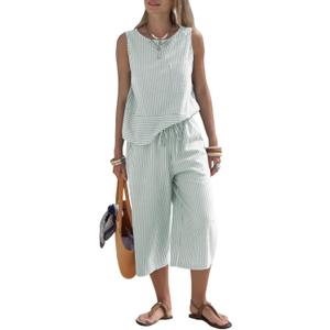 EXLURA Womens Summer 100% Cotton 2 Piece Outfits Striped Sleeveless Top Capri Wide Leg Pants Sets Faux Linen Beach Vacation (L)