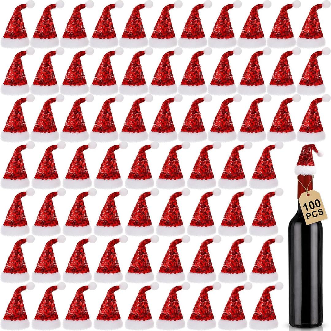 Nuenen 100 Pcs Mini Santa Hats 2.4x4.7 Inch Christmas Mini Elf Hats for Crafts Gifts Wine Bottle Xmas Party Table Decorations