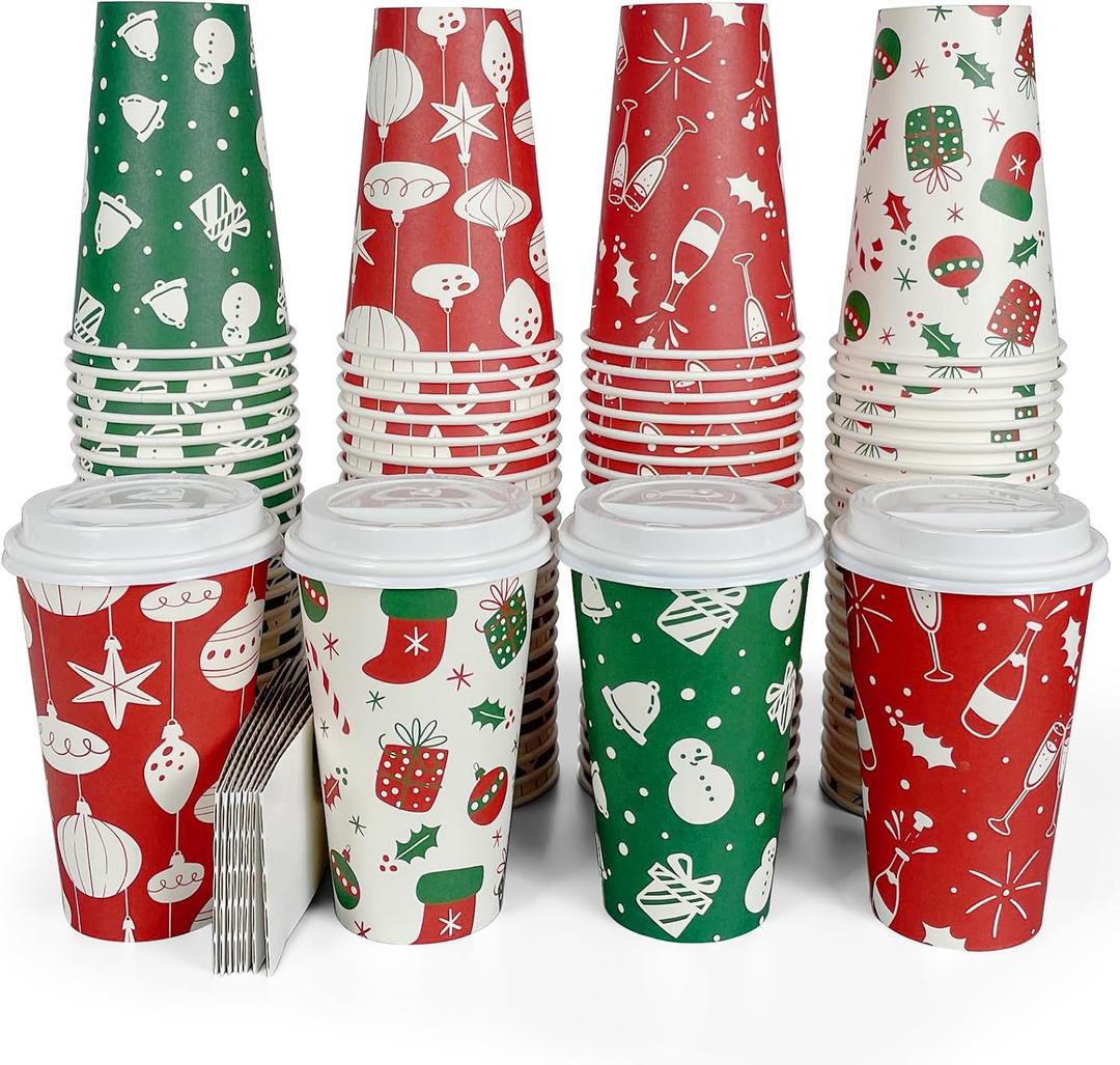 Christmas To Go Coffee Cups with Lids 16 oz Insulated Cups, 100 Packs Hot Cup for Chocolate/Coffee/Tea/Water/Juice, Coffee Bar Accessories with Lid & Sleeve, Christmas Cups Disposable Supplies, 100 sets