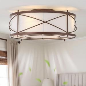 Brown Flush Mount Farmhouse Ceiling Fan with Lights, 20" Caged Rustic Ceiling Fans with Light and Remote, Enclosed with 6 Speeds for Living Room, Bedroom, Nursery