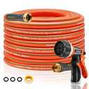 FXFOUCS Heavy Duty Garden Hose – 5/ 8 Inch Flexible, Lightweight Hybrid Hose with 600 PSI Burst Pressure, Swivel Handle, and Durable Copper Male/ Female Fittings (Orange with hose sprayer, 75FT)