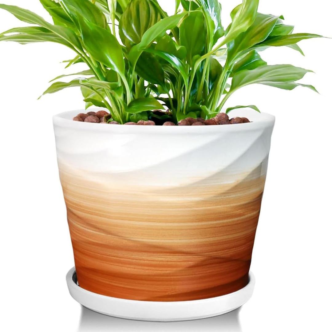 8 Inch Plant Pot, Ceramic Planter with Drainage and Saucer, Ceramic Planters for Indoor Plants, 8 Inch Garden pots (Khaki + White)