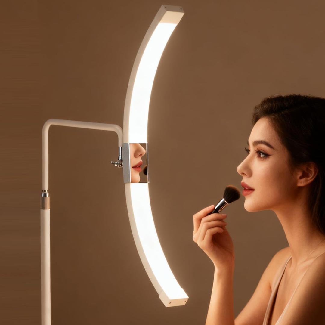 FOSOTO Lash Light for Eyelash Extensions，Moon Light Lamp for Lashes Beauty Nail Art Tattoos Half Moon Floor Lamps with Mirror & Phone Holder