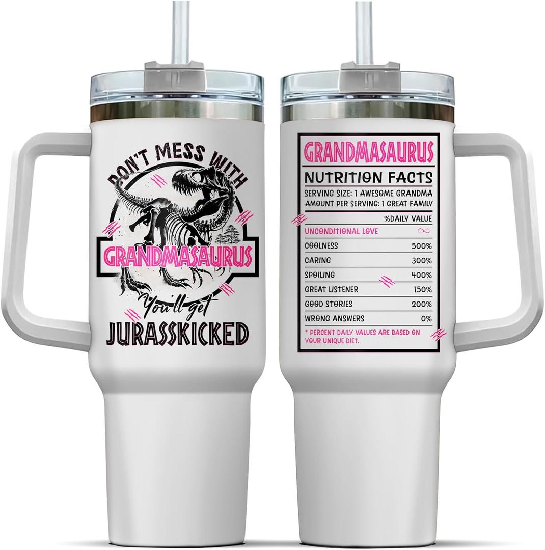 Tumbler 40 Oz With Handle Lid And Straw, Grandmasaurus Nutrition Facts, Grandmasaurus Gifts, Nana Grandma Cups Coffee Handle Sippy Tumblers Granny Great Water Cup Grandmas