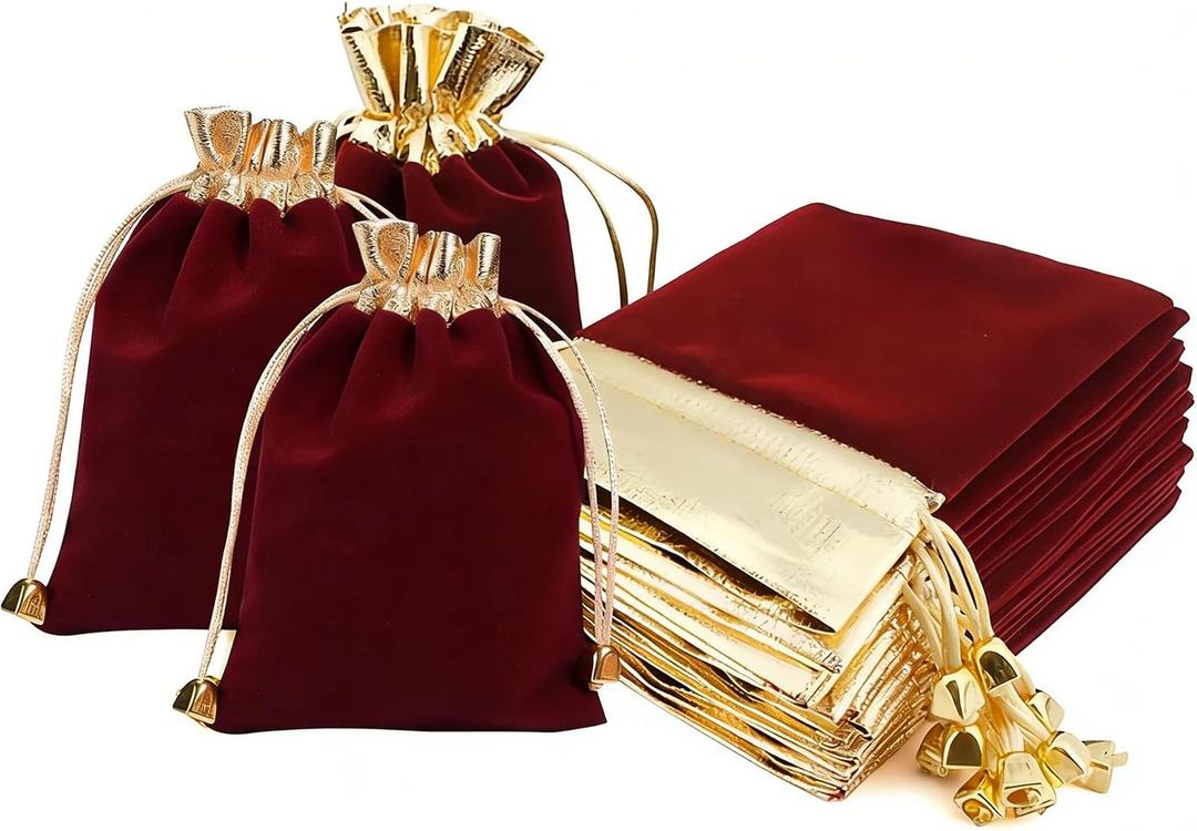KIPETTO Velvet Drawstring Bags for Christmas 25Pcs Velvet Drawstring Gift Bags Jewelry Pouches for Candy Christmas Wedding Favors, 4.7"x 6.3", Wine Red