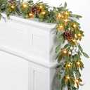 6.5FT Christmas Garland with Lights & Timer, 25 LED Pre-lit Lighted White Berry Garland for Mantle, Battery Operated Greenery Mistletoe Garland with Snow Pinecone for Fireplace Door Stairs Table