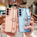 ZTOFERA for Samsung Galaxy S21 5G Case 6.2" with Wrist Strap,Luxury Cute Plating Edge Love Hearts Pattern for Girls Women, Finger Holder Kickstand Soft Shockproof Phone Case,Hot Pink