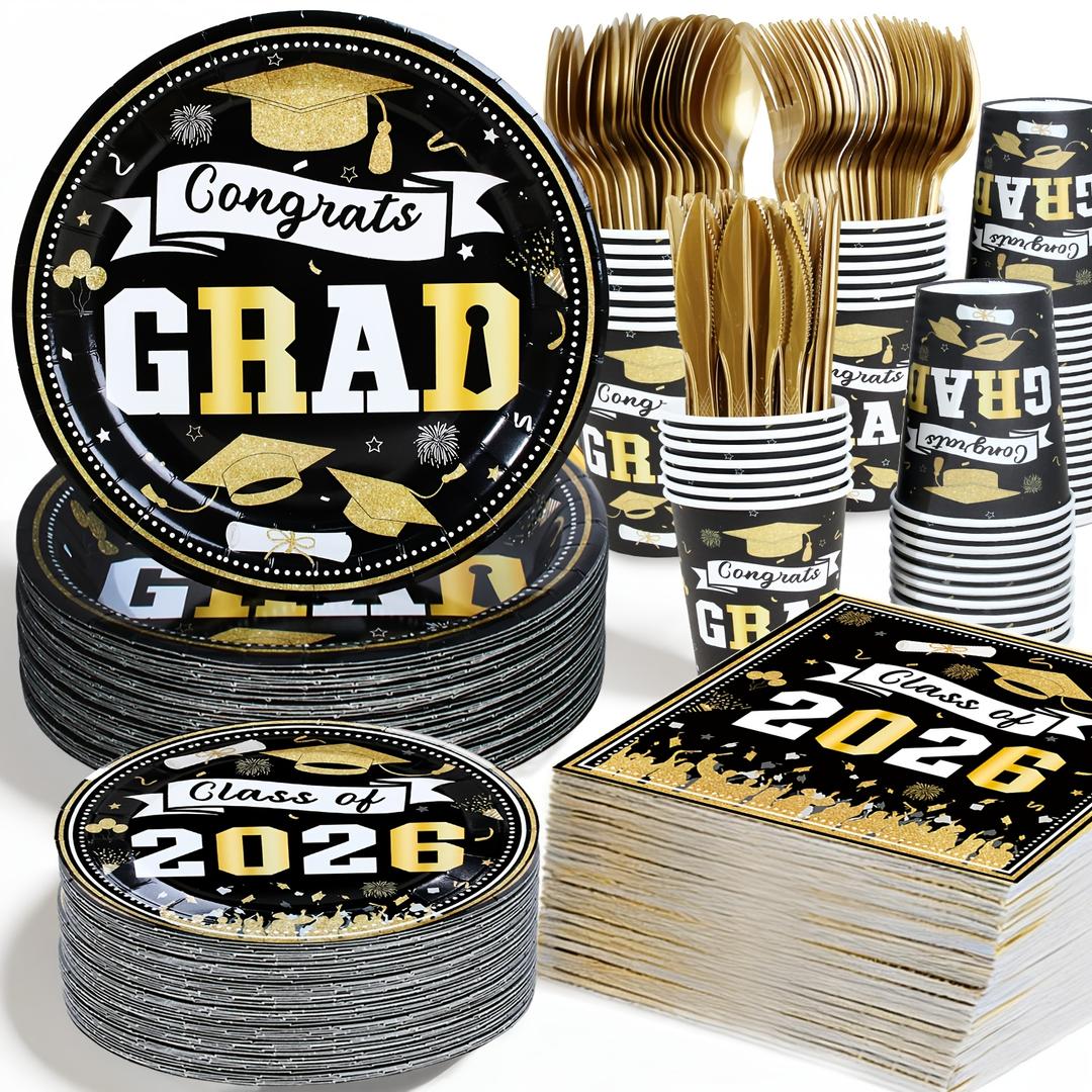 2026 Graduation Decorations Party Supplies-Graduation Plates and Napkins, Black and Gold Graduation Decorations 2026 Tableware Class Of 2026 Grad Paper Plates and Napkins for Congrats Grad Party