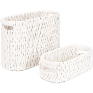 Boho Toilet Paper Storage Baskets, Cotton Rope Woven Bathroom Basket Set of 2, Standing Toilet Paper Holder for 6 Mega Rolls,Storage Bins for Toilet Tank Top, Bathroom Organizer Decor (White 2 Pack)