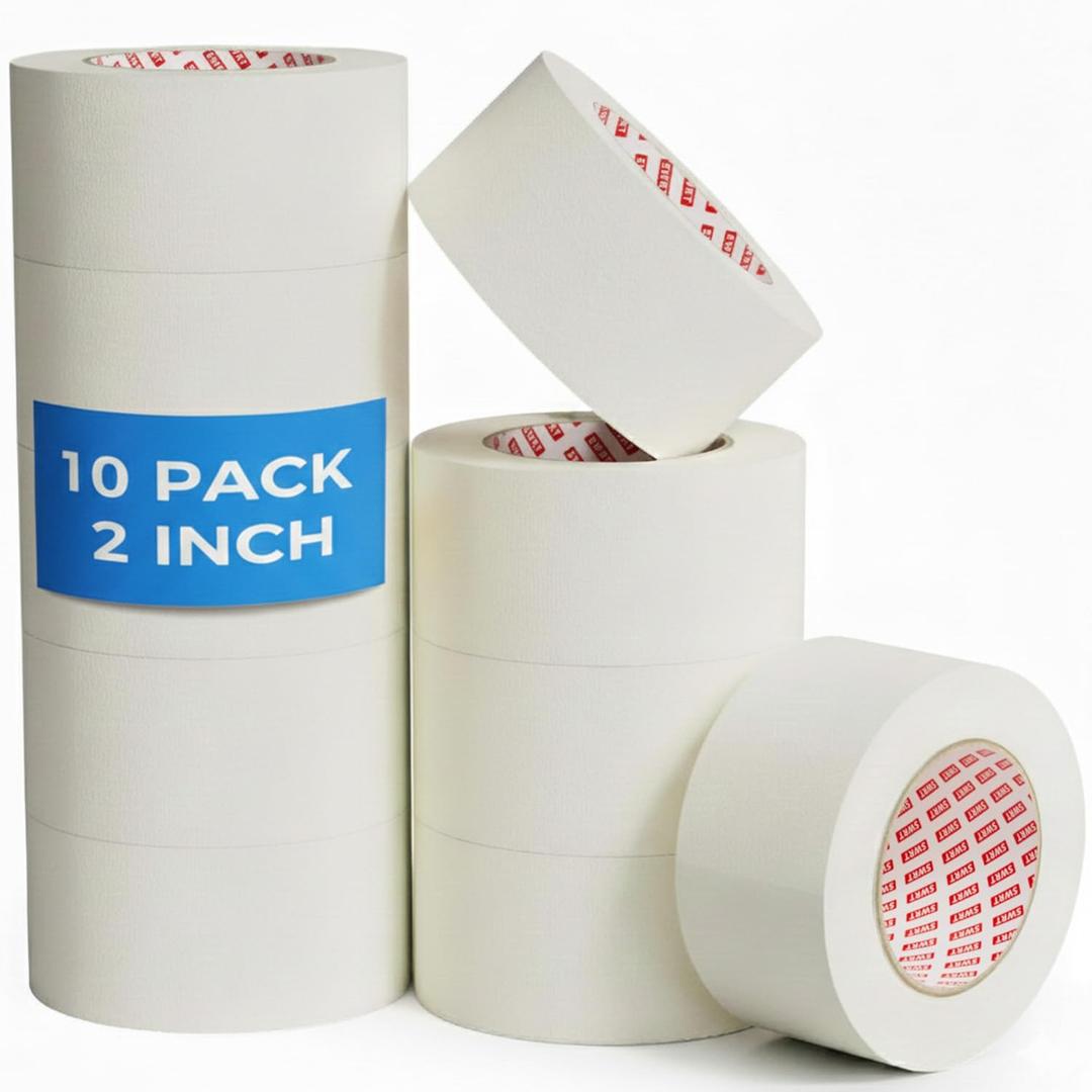 SWRT Masking Tape 2 x 55Yds, 10 Rolls  Bulk Value White Tape with Strong Hold & Clean Removal for Multi-Surface Projects & General Purpose (550Yds Total)