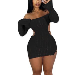 Sexy Off Shoulder Fuzzy Y2K Mini Dress for Women Strappy Backless Long Sleeve Party Club Birthday Dresses Date Night Black,M