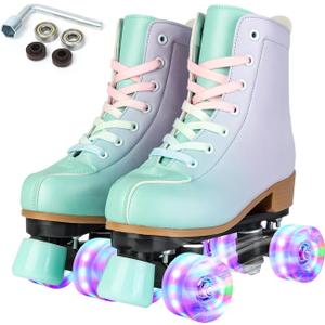 Women's High-Top PU Leather Roller Skates - Four-Wheel Shiny Skates With Carry Bag for Girls (Women's 8 / Men's 6.5, Green violet)