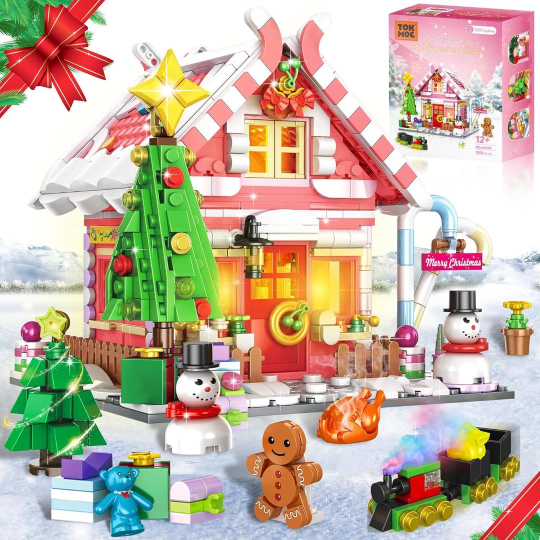 Christmas Gingerbread House Building Block, Christmas Village House Building Set, Contain Christmas Tree and Train, Xmas Brick Toy Gifts for Adults Teens and Kids 1288PCS (Pink)