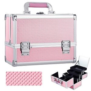 Joligrace Makeup Train Case Cosmetic Box 11.8 Inches Jewelry Organizer Professional 3 Tiers Trays with Mirror and Brush Holder Lockable Key Portable Travel Mermaid Pink