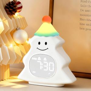 Yiliaw Kids Alarm Clock with Night Light, Christmas Tree Wake Up Clock, Rechargeable Cute Alarm Clock for Bedroom, for Boys and Girls, White