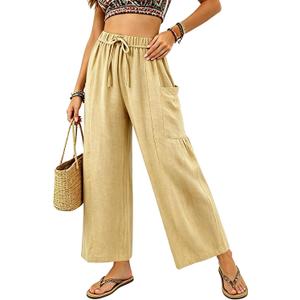 Womens Wide Leg Cropped Pants Drawstring Casual Palazzo Pants Loose Flowy Lounge Trousers with Pockets Khaki (Beige, L)