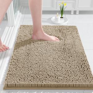 Yimobra Chenille Bathroom Rug, 24x17, Extra Soft Absorbent Bath Rugs, Non-Slip, Bath Mats for Bathroom Floor, Water Absorbent, Machine Washable, Plush Bathroom Mat for Tub and Shower, Pale Khaki