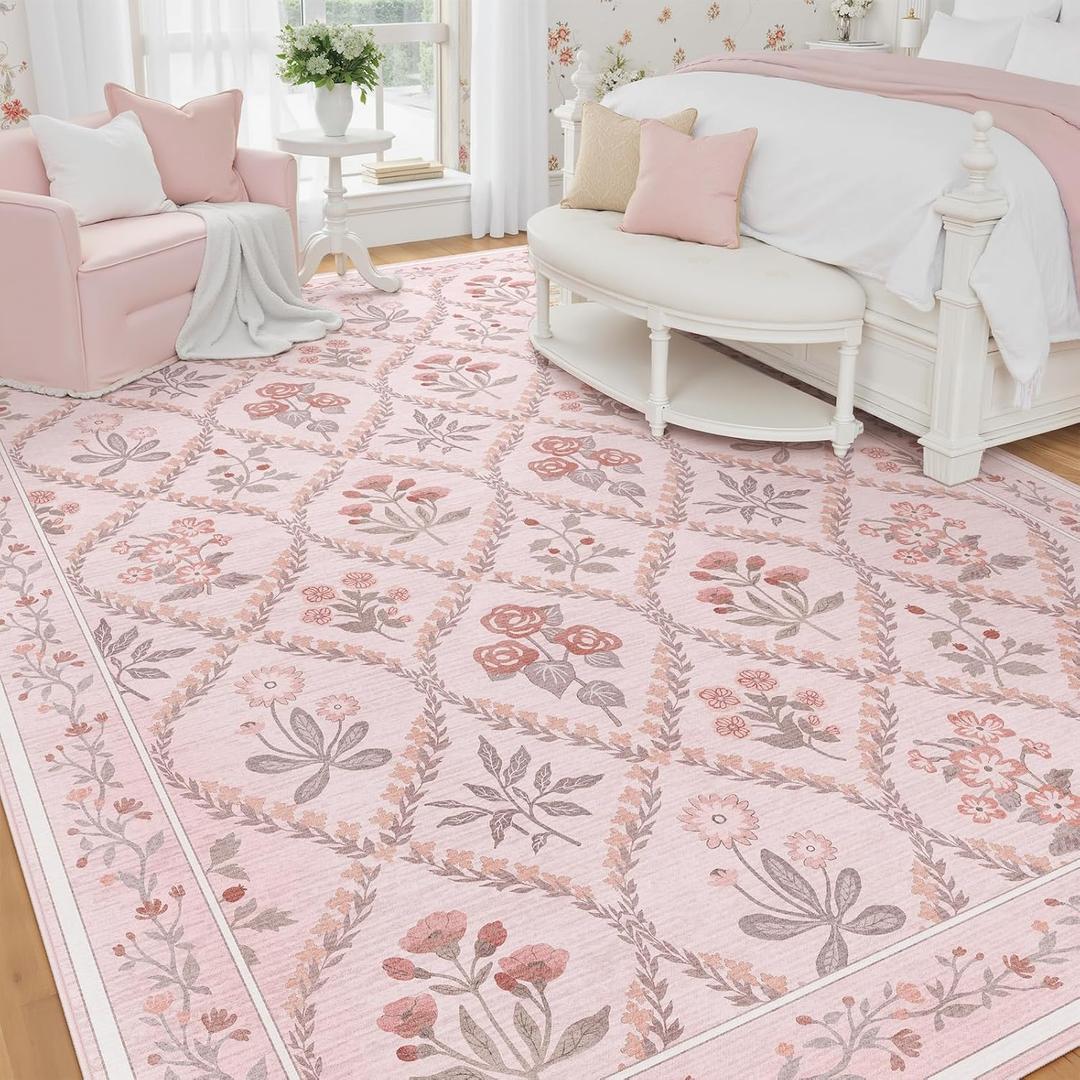 Pink Rug for Living Room 8x10, Soft Large Washable Area Rugs for Bedroom Girls, Boho Cute Floral Indoor Decor Non Slip Low Pile Carpet for Nursery Girls Room Kids Playroom, Pink Multi