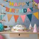 Oudain 2 Pack Pre-strung Felt Happy Birthday Banner Party Decorations Reusable Boho 3D Pom Pom Ball Garland Triangle Flag Birthday Pennant Sign for Adult Boy Girl Photo Prop Backdrop(Rainbow)