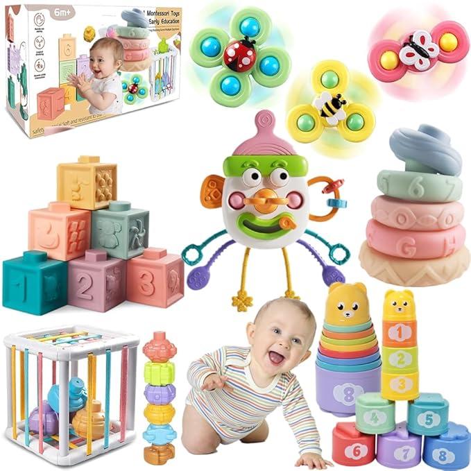ELLECK Baby Toys 612 Months, Montessori Toys for Toddlers 13 Year Old, Busy Cube Teether Infants Bath 6 in 1 Stacking Blocks Rings, Suction Cup Spinner, Shape Bin Sensory (0035)