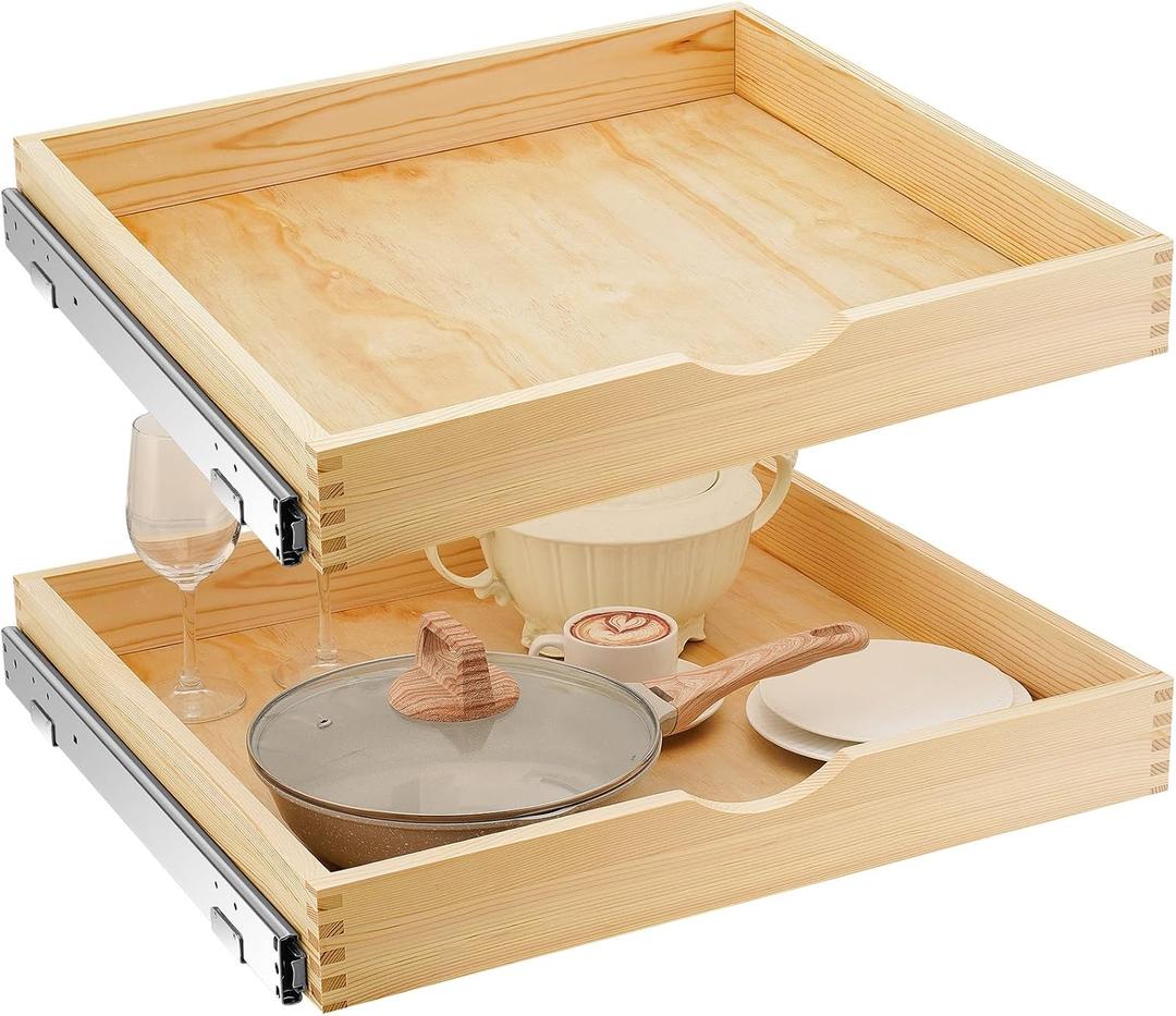 Menkxi 2 Set Wooden Pull out Cabinet Organizer Fully Assembled Slide out Pantry Drawer with Gentle Close Storage Shelf Tray for Base Kitchen Under Sink Bathroom Accessory(Wood Color,24'' X 21'' X 3'')