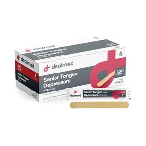 Dealmed 6 Senior Tongue Depressors  100 Sterile Wood Tongue Depressor Sticks, Individually Wrapped for Medical Practice, Emergency First Aid Kits, Crafts, 100/Box (Pack of 1)