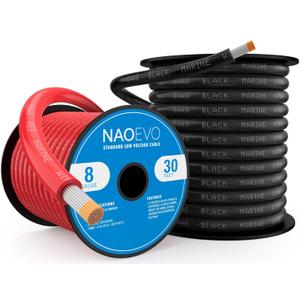 NAOEVO 8 Gauge Marine Wire, 8 AWG Tinned Copper PVC Marine Grade Wire, IP68 Waterproof/Corrosion-Resistant Electrical Cable for Boat, RV, Automotive, Solar, Trolling Motor (30 ft Black + 30 ft Red)