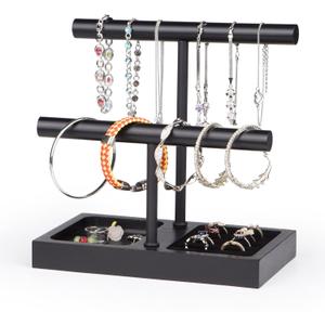 SZQINJI Jewelry Holder Organizers Bracelet Holder Display Stand, Solid Wood Base with 2 Tier Metal T-bar for Bracelet Wristband Bangle Watch Necklace Hanging, Black, Christmas Gift