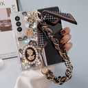 Omio for Samsung Galaxy Z Fold 4 Bling Case with Hand Chain Wrist Strap Bracelet Silk Scarf for Girls Women Sparkle Rhinestone Pearl Crystal Glitter Diamond Shockproof Cover for Galaxy Z Fold 4 Black