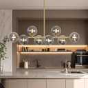 Dining Room Chandelier 37" Gold Sputnik Linear Chandelier for Dining Room, Island Light for Kitchen with Gray Globe Rectangle Linear Sputnik Pendant Light for Kitchen Island, Copper